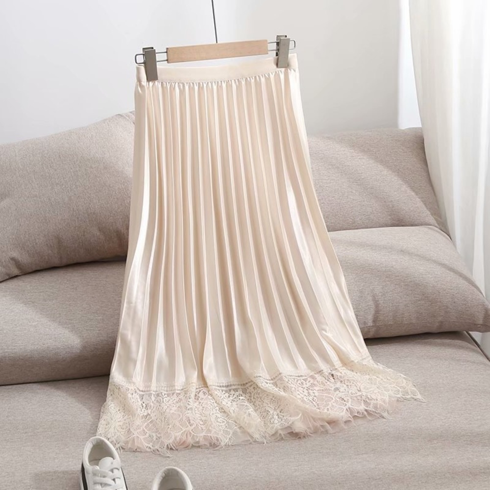 Lace Stitching Hight Waist Pleated Skirt